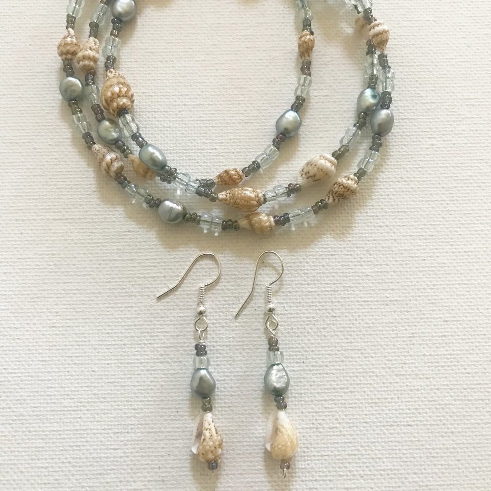 Ocean Song Necklace & Earring Set Conch Shells Light Blue Pearl Sea Mermaid Boho
